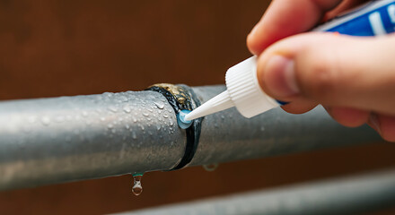 Close Up of Hand Applying Sealant to a Leaking Metal Pipe for Repair and Maintenance Solutions