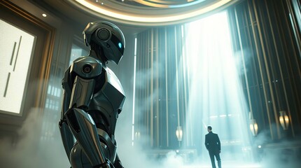 Robot  Man in Futuristic Lobby.