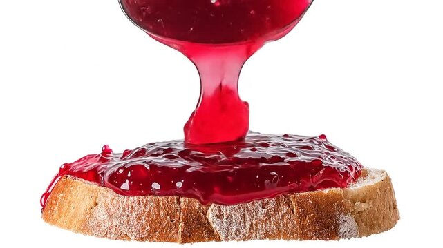 Spoonful of delicious red jam pouring onto a slice of bread isolated