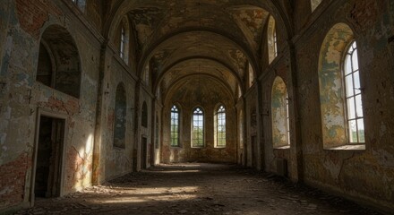 Abandoned Church Interior with Peeling Walls and Arched Windows