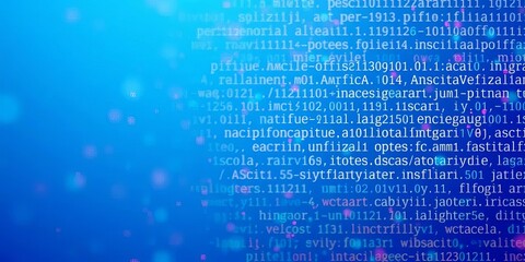 Abstract blue background filled with chaotic ASCII symbols forming a generative art pattern,  texture,  cyberpunk