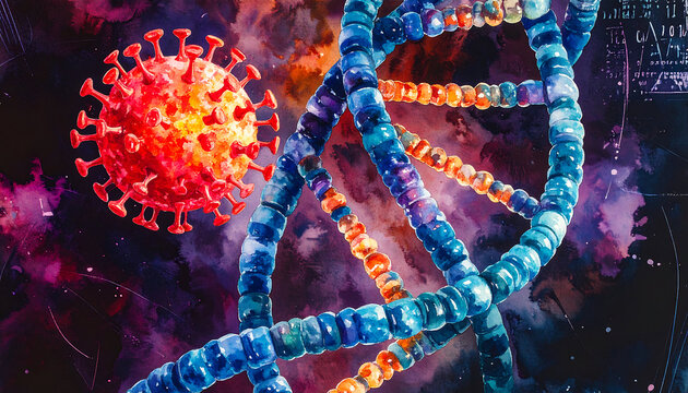Watercolor Illustration: Coronavirus and DNA Strand, Scientific Abstract Concept.
