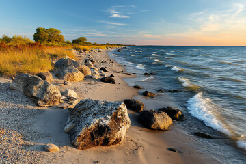 Rocky shoreline with waves washing onto sandy beach under a blue sky.