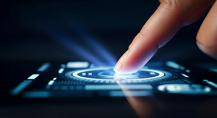 Finger touching futuristic touchscreen interface activating technology and innovation depicting artificial intelligence and advanced interaction with holographic user interface for data analysis