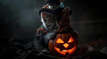 The little cat in a witch hat holds a pumpkin lantern, ready for a spooky but fun holiday celebration.