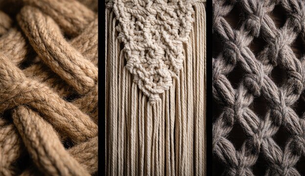 Close-up showcasing three distinct textile textures a woven rope, a macrame wall hanging, and a knotted fabric.  Neutral earth tones dominate