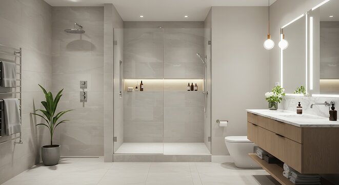 Modern bathroom interior design with shower sink and decorative elements