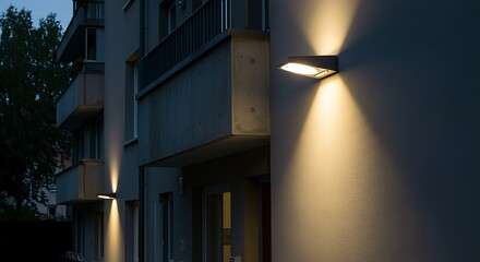 Exterior wall lighting fixtures illuminated on building facade at night