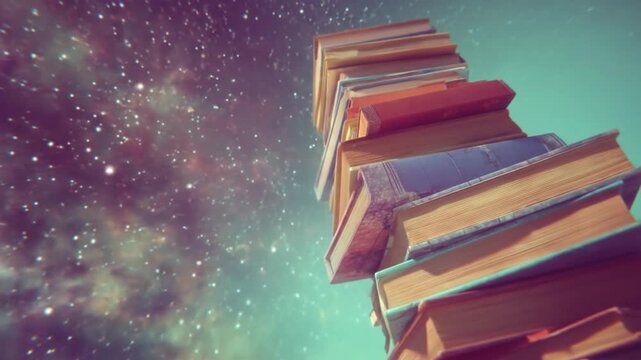 Stack of books against a cosmic sky background for educational concepts