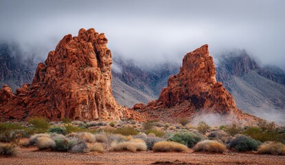 Two majestic, rust-colored rock formations rise from a desert landscape, partially shrouded in mist under a cloudy sky