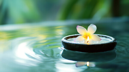 A floating flower candle in a calm water bowl, symbolizing mindfulness.