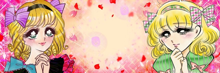 70年代少女漫画瞳を輝かせてときめく金髪縦ロールお嬢様たちのワイドサイズイラスト