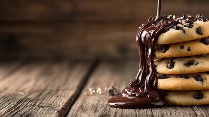 Chocolate syrup pouring over freshly baked chocolate chip cookies - Powered by Adobe