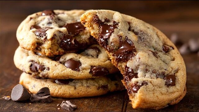 Chocolate chip cookies stack on wooden surface studio shot