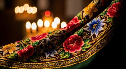 Embroidered textile with floral patterns and candles in background.