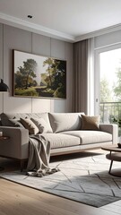 Cozy Living Room Interior with Beige Sofa and Natural Light Artwork in a Modern Design