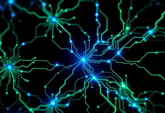 Abstract neural network pattern, glowing blue and green circuits on dark background,  graphic,  dark