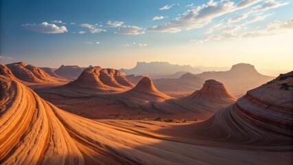Naklejka premium Dramatic Sculpted Desert Landscape with Sand Dunes and Rocky Formations under Golden Light 