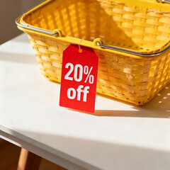 Blue shopping basket icon with a 50% off tag, set against a light blue background.
