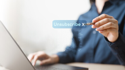 cancel, subscription, renewal, finance, settings, confirm, Person selecting unsubscribe option on digital screen represents subscription cancellation, billing termination, and account management.