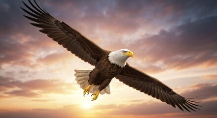 Obraz premium Majestic bald eagle soaring through a vibrant sunset sky