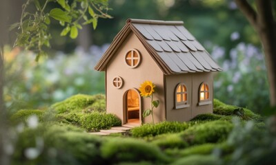 Naklejka premium Miniature cardboard house nestled in lush moss, bathed in soft light. A sunflower rests by the doorway. Green foliage and out-of-focus background