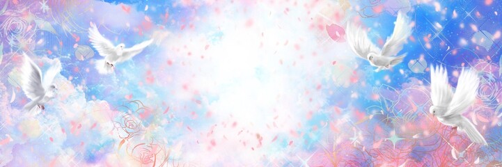 太陽光線の周りを飛ぶ白い鳩と美しい天国背景ワイドサイズイラスト