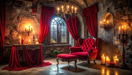 Obraz premium Gothic Room Interior Red Velvet Chair Candles.