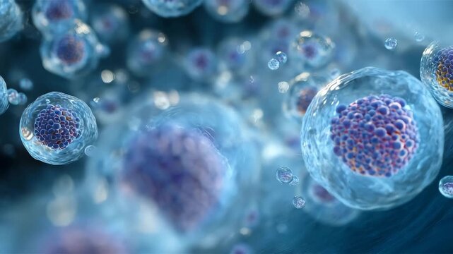 Skin cell healing showing detailed nucleus and cytoplasm microscopic biological regeneration with glowing blue environment and cellular structure