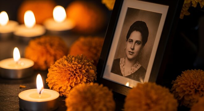 Remembering a loved one with candles and flowers.