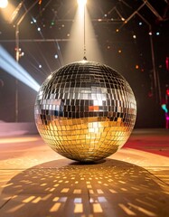 Large disco ball on stage, illuminated by spotlights, casting a patterned shadow