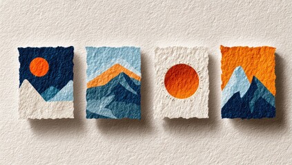 Four textured paper squares depict minimalist mountain and sun scenes in muted blues, oranges, and creams
