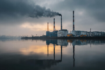 Obraz premium Industrial plant with tall chimneys emitting thick smoke over calm water during sunset.