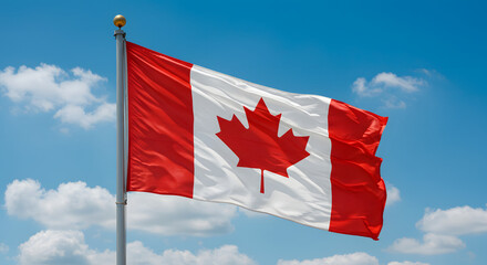canadian flag waving against blue sky
