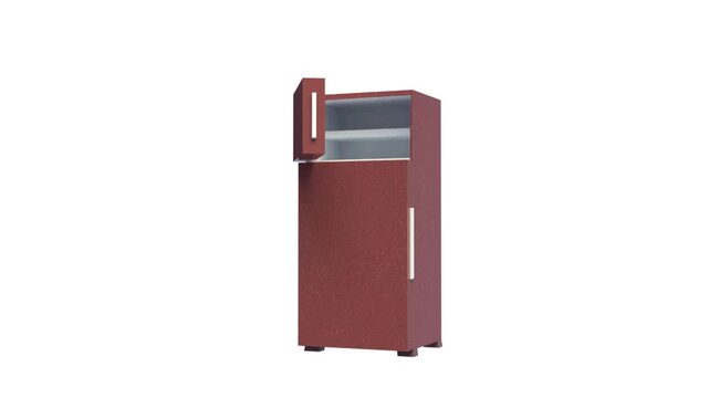 3D rendering of a Refrigerator with one-by-one doors open loop in the middle of a white background, opening the door of an empty fridge for kitchen furniture icon animation, 4k high resolution footage