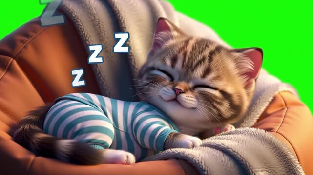 Calico Kitten Curled Up in Pajamas Against Green Screen Background Illustration of a Sleepy Feline with Closed Eyes Pajama Striped Ensemble and Zzz Icon Above Head in Embrace Against Furry Brown