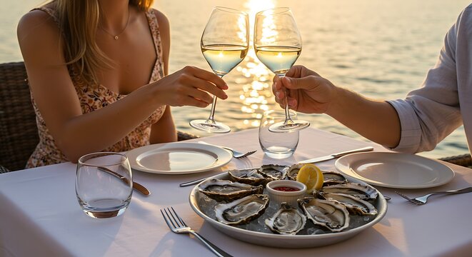 Couple toasting wine glasses at romantic dinner with oysters and ocean view - Powered by Adobe