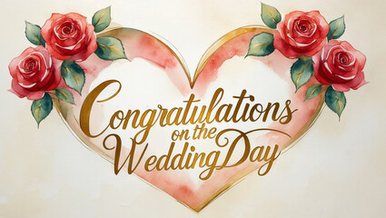 watercolor red roses arranged in a heart shape around a golden cursive script that reads Congratulations on the Wedding