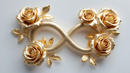 Gold Infinity Symbol with gold roses symbolizing everlasting love, set against a pristine white background