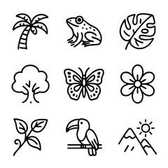 Obraz premium A set of doodle line icons inspired by tropical rainforest elements including animals, plants, trees, mountains, and natural biodiversity