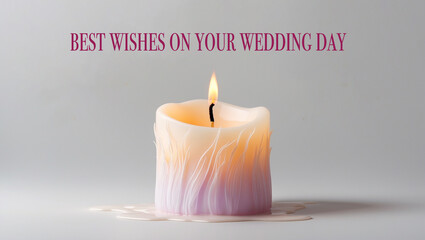 Pastel colored unity candle with cursive message that reads Best wishes on your wedding day