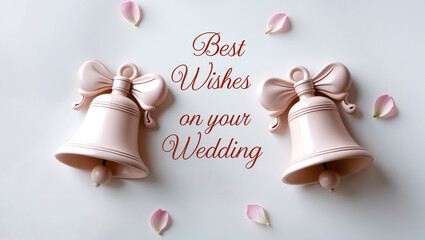 Pink colored wedding bells with a gentle message written in elegant cursive script, Best wishes on your wedding