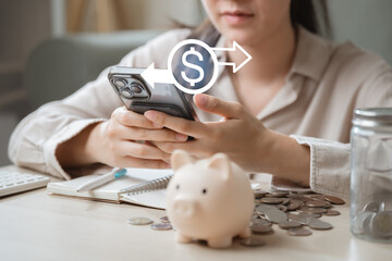 refund, complete, payment, finance, ecommerce, success, transaction, Woman using smartphone with money transfer icon represents refund completion, approved payment, and ecommerce transaction success.