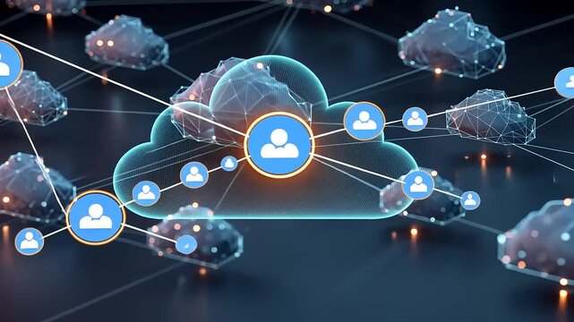 Digital cloud network connecting users through virtual interactions and data exchange in a modern setting - Powered by Adobe