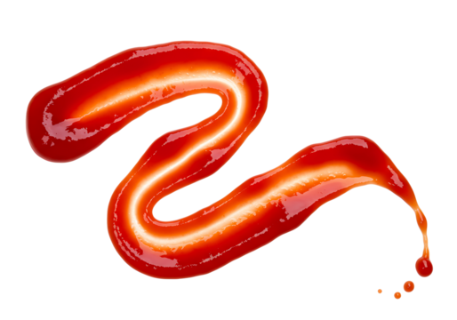 Thick red ketchup forms a zigzag line shape dripping onto a clean white surface food condiment.