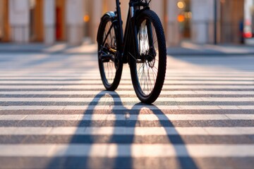 Black bicycle on crosswalk casting long shadows in soft evening
