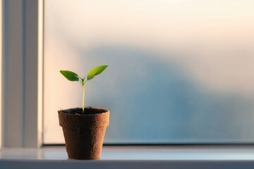 Obraz premium Small green plant emerging from soil, sunlight illuminating deli