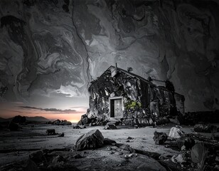 Dark, dramatic beachside hut