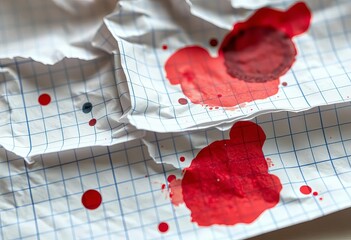 Close-up of crumpled, smudged graph paper, ink stains visible,  pattern,  texture