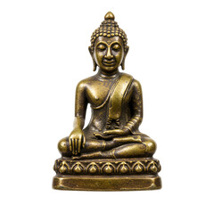 Fototapeta premium A bronze Buddha statue sits serenely on a lotus base on white or transparent background